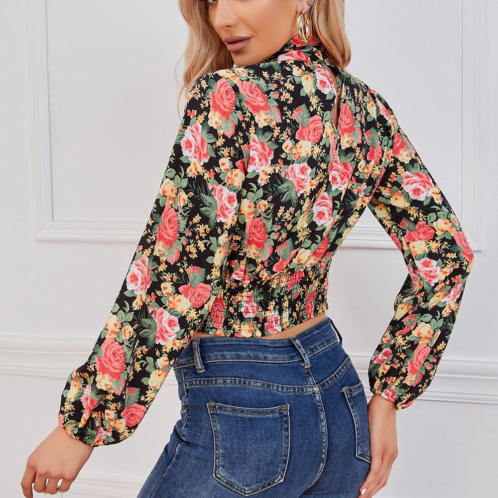 Women's Floral Long Sleeve Hollow-out Waist Women's Shirt